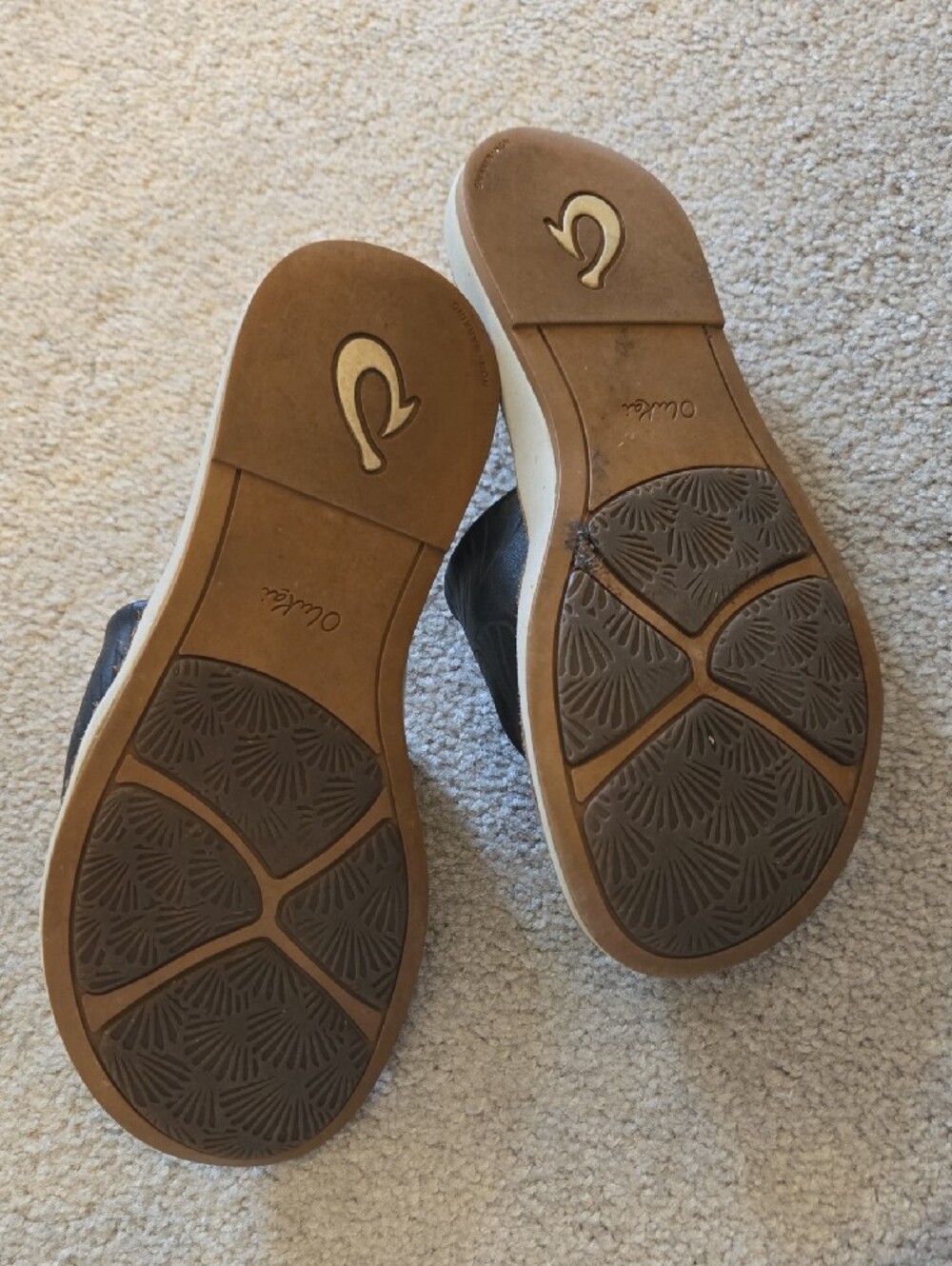OluKai Black Leather Slide Sandals with Tan Footbed - Picture 2 of 4